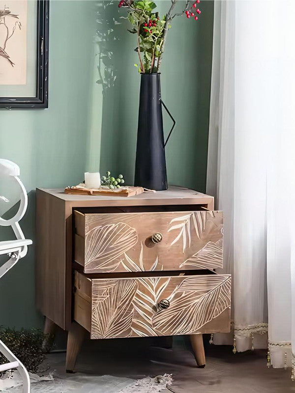 Nature Ash Veneer Nightstand 2 Storage Drawer Side Table