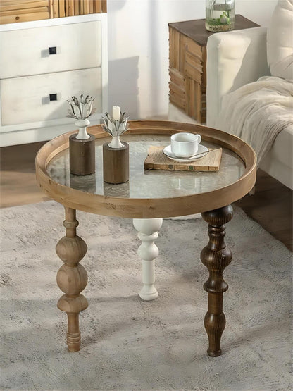 New Design Rustic Retro Farmhouse Home Decor Carved Top Table Round Solid Wood Dining End Coffee Table with 3 Legs