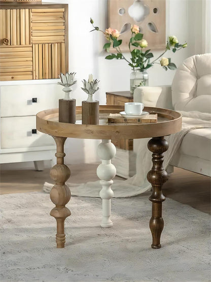 New Design Rustic Retro Farmhouse Home Decor Carved Top Table Round Solid Wood Dining End Coffee Table with 3 Legs