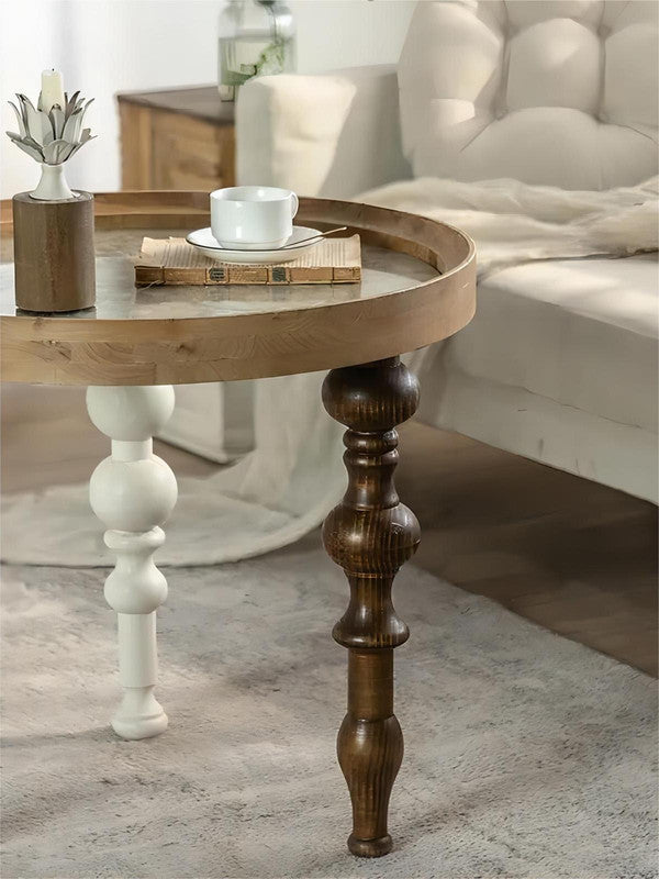 New Design Rustic Retro Farmhouse Home Decor Carved Top Table Round Solid Wood Dining End Coffee Table with 3 Legs