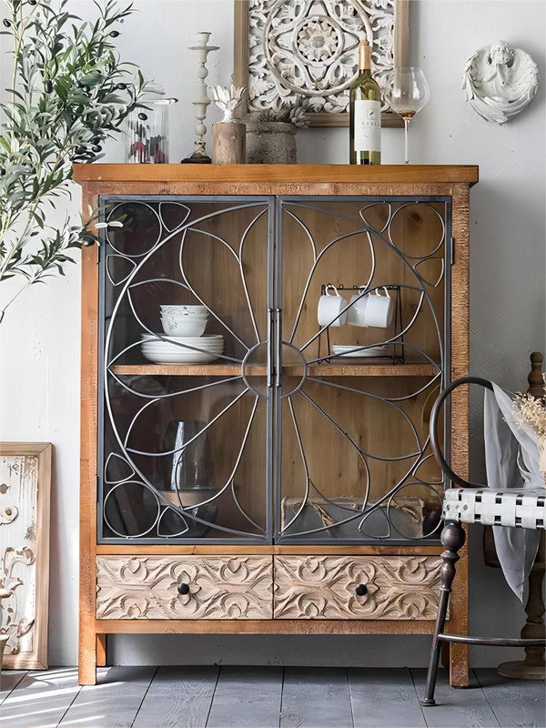 Living Room Clear Glass Cupboard Industrial 2 Iron Door Sideboard Buffet Cabinet with 2 Drawers