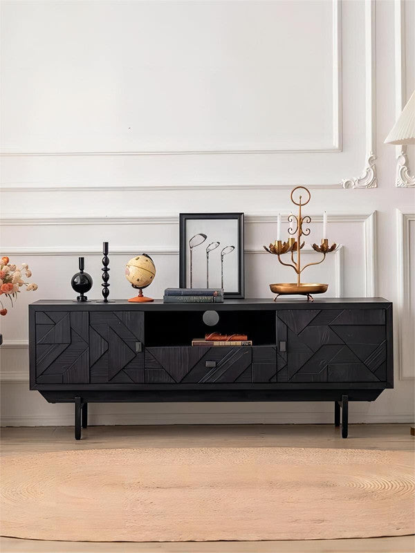 Cabinet Retro Black Wooden Frame TV Stand Furniture Living Room Fashio Charvice