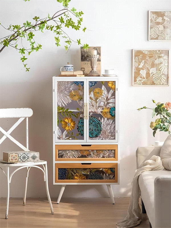 Living Room Modern Entryway Cabinet Retro Accent Cabinet with Colorful Glass 2 Doors and Drawers